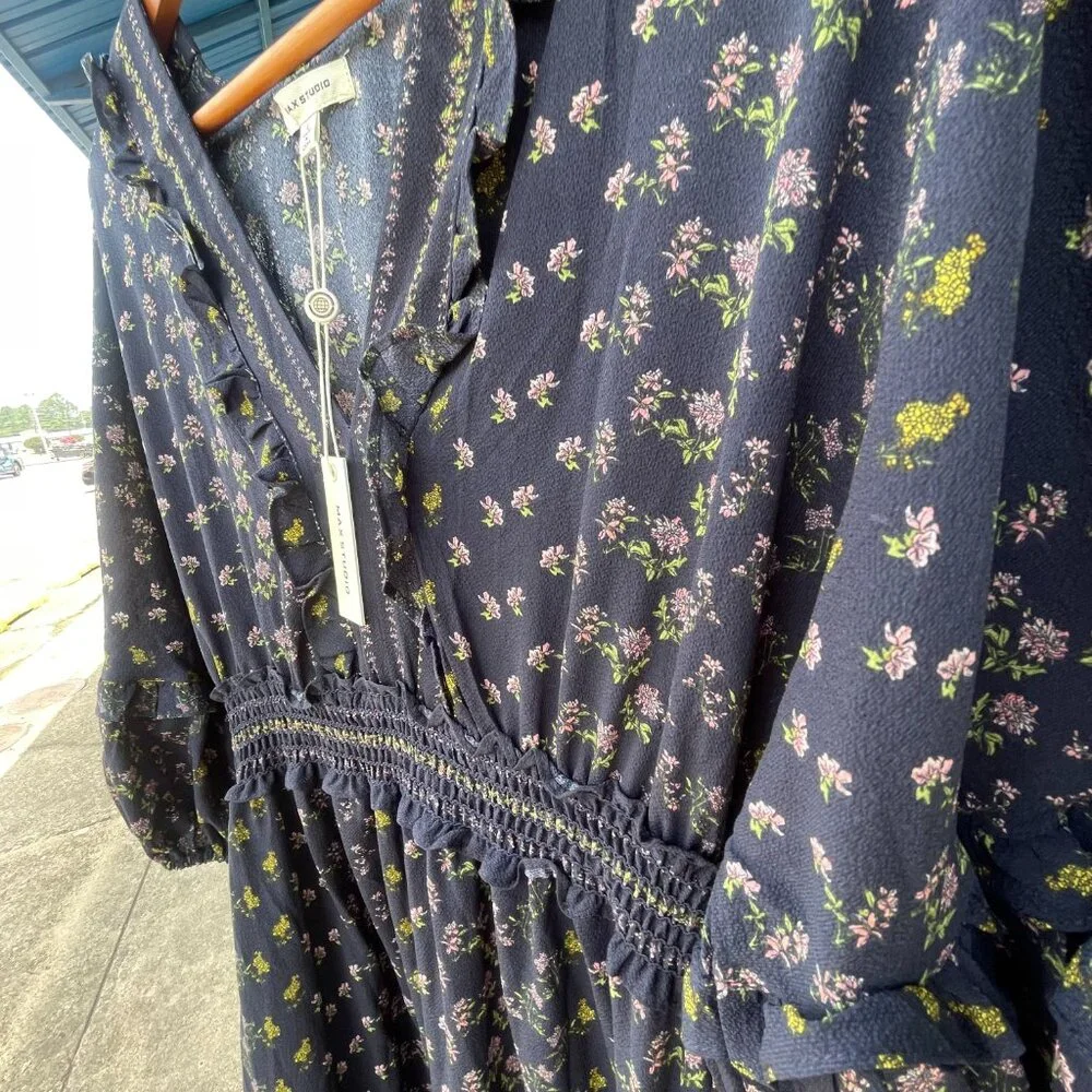 NWT Women's Large MAX STUDIO Navy Floral V-neck Empire Waist Tiered Midi Dress - Picture 13 of 16